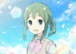  1girl :d absurdres bangs blue_eyes blue_sky blush bow clouds collared_shirt commentary_request day eyebrows_visible_through_hair green_hair gumi highres hoshizaki_reita long_hair looking_at_viewer open_mouth outdoors pink_bow ponytail shirt sidelocks signature sky smile solo sweater_vest upper_body vocaloid white_shirt 