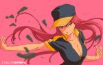  1girl baseball_cap blurry breasts cleavage commentary_request depth_of_field glaring hat highres kuromukuro large_breasts liu_shen_mi long_hair looking_at_viewer official_art outstretched_arm parted_lips partially_unzipped pink_background pink_hair sidelocks simple_background solo upper_body very_long_hair violet_eyes 