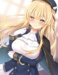  1girl aqua_eyes azur_lane black_cape blonde_hair blue_shirt blurry blurry_background blush braid breast_hold breasts buttons cape closed_mouth dutch_angle framed_breasts frills gloves hand_up hat highres horns jiiwara kongou_(azur_lane) large_breasts long_hair long_sleeves looking_at_viewer military military_uniform peaked_cap shirt smile solo uniform upper_body white_gloves 