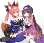  2girls animal_ear_fluff animal_ears bare_shoulders black_hair blue_legwear bow breasts cloak collar detached_sleeves dress fate/grand_order fate_(series) fox_ears fox_girl fox_shadow_puppet fox_tail frilled_skirt frills hair_bow hairband hood hood_down hooded_cloak japanese_clothes kanro_ame_(ameko) large_breasts low_twintails multiple_girls osakabe-hime_(fate/grand_order) pink_hair pleated_skirt purple_skirt skirt strapless strapless_dress tail tamamo_(fate)_(all) tamamo_no_mae_(fate) twintails violet_eyes 