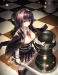  1girl black_hair black_jacket black_legwear black_skirt blazer blue_eyes breasts chess_piece chessboard collared_shirt cup6542 frilled_skirt frills from_above hair_intakes highres holding holding_sword holding_weapon jacket jacket_on_shoulders light_particles long_hair long_sleeves looking_at_viewer medium_breasts miniskirt open_clothes open_jacket original parted_lips red_neckwear ribbed_shirt rook_(chess) school_uniform shirt sidelocks skirt solo standing sword thigh-highs underbust weapon white_shirt zettai_ryouiki 