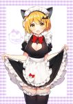  1girl :d animal_ears apron ayamy bangs bat_hair_ornament black_dress black_legwear blonde_hair blush bow bowtie breasts cat_ears cleavage cleavage_cutout collared_dress commentary_request cowboy_shot dress dress_lift fang frilled_apron frilled_dress frilled_legwear frills hair_ornament heart_cutout highres looking_at_viewer maid maid_apron maid_headdress medium_breasts open_mouth original puffy_short_sleeves puffy_sleeves red_neckwear short_hair short_sleeves sidelocks smile solo standing thigh-highs virtual_youtuber white_apron yellow_eyes 