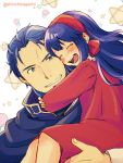  1boy 1girl absurdres beard blue_eyes blue_hair closed_eyes dress facial_hair father_and_daughter fire_emblem fire_emblem:_fuuin_no_tsurugi grin hector_(fire_emblem) highres hug lilina long_hair nintendo nishimura_(nianiamu) open_mouth short_hair smile twitter_username younger 