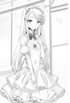  1girl bow bowtie breasts choker cleavage covered_navel cowboy_shot detached_sleeves dress eyebrows_visible_through_hair frilled_dress frills greyscale hairband heterochromia highres isekai_wa_smartphone_to_tomo_ni. layered_dress long_hair long_sleeves monochrome novel_illustration official_art shiny shiny_hair short_dress sleeveless sleeveless_dress small_breasts solo standing strapless strapless_dress usatsuka_eiji very_long_hair 