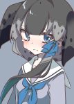  1girl blowhole blue_eyes blush bow collarbone commentary_request crying crying_with_eyes_open frown grey_hair hair_bow headshot highres kemono_friends long_sleeves multicolored_hair narwhal_(kemono_friends) neckerchief petit_ramune sailor_collar short_hair short_hair_with_long_locks solo tears 