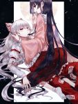  2girls bangs black_background black_eyes black_hair bow colored_eyelashes eye_contact eyebrows_visible_through_hair feet_out_of_frame frilled_shirt_collar frilled_sleeves frills fujiwara_no_mokou hair_between_eyes hair_bow hair_grab hand_up highres houraisan_kaguya juliet_sleeves katai_(nekoneko0720) kneeling light_particles long_hair long_sleeves looking_at_another looking_up lying multiple_girls no_shoes ofuda on_back pants parted_lips petticoat pink_shirt profile puffy_sleeves red_eyes red_pants red_skirt shirt silver_hair skirt smile socks suspenders suspenders_slip touhou two-tone_background very_long_hair white_background white_bow white_legwear white_shirt wide_sleeves yuri 