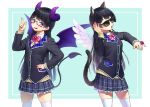  1girl :d animal_ears black_hair blue_eyes blush bow bowtie braid breasts cat_ears cat_tail demon_horns demon_tail demon_wings glasses hair_ornament hairclip hand_on_hip highres horns jewelry kath looking_at_viewer nijisanji open_mouth pleated_skirt ring school_uniform skirt sleeves_past_wrists smile solo sunglasses tail thigh-highs tsukino_mito virtual_youtuber white_legwear wings 