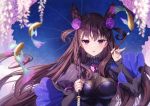  1girl bangs blush breasts brown_hair calligraphy_brush commentary_request double_bun fate/grand_order fate_(series) fingernails fish flower gem hair_between_eyes hair_ornament holding large_breasts long_hair looking_at_viewer murasaki_shikibu_(fate) paintbrush parted_lips puffy_sleeves rosuuri sleeves_past_wrists solo two_side_up umbrella upper_body very_long_hair violet_eyes wisteria 