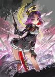  1girl bare_legs cable commentary_request dress glaive gloves headgear kantai_collection konno_takashi long_sleeves looking_at_viewer mechanical_halo medium_hair neck_ribbon polearm purple_hair ribbon short_dress skirt solo tatsuta_(kantai_collection) thick_eyebrows violet_eyes weapon 