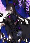  1girl bag black_dress black_hair breasts cleavage double_bun dress fate/grand_order fate_(series) hair_between_eyes hair_ornament handbag highres long_hair murasaki_shikibu_(fate) naruwe parted_lips sleeves_past_wrists solo umbrella very_long_hair violet_eyes 