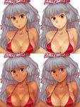  1girl bangs bare_shoulders bikini bow breasts collarbone commentary_request eyebrows_visible_through_hair eyelashes fujiwara_no_mokou hair_bow halterneck large_breasts lips long_hair looking_at_viewer multiple_views red_bikini red_eyes shinburu shrug silver_hair simple_background swimsuit tan tanline touhou white_background white_bow 