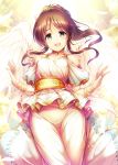  1girl :d angel_wings bangs bare_shoulders beads belt blush brown_hair choker clouds cloudy_sky collarbone commentary_request cowboy_shot eyebrows_visible_through_hair feathered_wings flower hair_flower hair_ornament idolmaster idolmaster_cinderella_girls long_hair looking_at_viewer ment open_mouth pants parted_bangs ponytail short_sleeves shoulder_cutout sidelocks sky smile solo sunlight takamori_aiko tareme w_arms white_pants white_wings wings wristband yellow_flower 