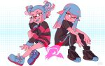  2girls fangs highres hime_cut inkling kuroosawaa multicolored_hair multiple_girls red_eyes shoes sitting sneakers splatoon splatoon_(manga) splatoon_(series) splatoon_2 twintails x-blood 