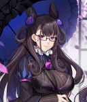  1girl bangs bespectacled black-framed_eyewear black_hair black_shirt blurry breasts brooch depth_of_field fate/grand_order fate_(series) glasses hair_ornament holding holding_umbrella jewelry large_breasts long_hair long_sleeves looking_at_viewer mamemena murasaki_shikibu_(fate) parted_lips petals semi-rimless_eyewear shirt sidelocks solo striped turtleneck two_side_up umbrella upper_body violet_eyes 