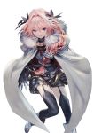  1boy armor astolfo_(fate) black_bow boots bow braid cape eyebrows_visible_through_hair fang fate/apocrypha fate/grand_order fate_(series) faulds full_body fur_collar garter_straps gauntlets hair_bow hair_intakes hair_over_shoulder knees_together_feet_apart long_braid long_hair low-tied_long_hair multicolored_hair otoko_no_ko pink_hair single_braid solo streaked_hair thigh-highs tomatika violet_eyes white_background white_hair 