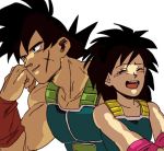  1boy 1girl :d ^_^ armor bardock black_eyes black_hair clenched_hand close-up closed_eyes closed_eyes couple dragon_ball gine hand_on_own_cheek hetero light_smile looking_away open_mouth scar short_hair simple_background smile spiky_hair tako_jirou upper_body upper_teeth white_background wristband 
