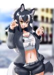  absurdres alternate_costume animal_ear_fluff animal_ears blush breasts city cleavage collarbone fang fzr332211 grey_wolf_(kemono_friends) heterochromia highres kemono_friends long_hair medium_breasts midriff multicolored_hair navel open_mouth outdoors paw_pose shorts tail two-tone_hair wolf_ears wolf_girl wolf_tail 