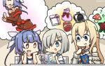  3girls bag blonde_hair blue_eyes blue_hair book braid chocolate_on_body commentary_request crown dated dress fang flower french_braid hair_ornament hair_over_one_eye hair_ribbon hairclip hamakaze_(kantai_collection) hamu_koutarou highres i-19_(kantai_collection) jewelry kantai_collection long_hair long_sleeves mini_crown multiple_girls name_tag necklace off-shoulder_dress off_shoulder reading red_eyes red_flower red_ribbon red_rose ribbon rose satchel school_swimsuit school_uniform serafuku short_hair silver_hair star star-shaped_pupils swimsuit symbol-shaped_pupils tri_tails upper_body warspite_(kantai_collection) white_dress 