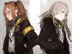  2girls armband bangs belt belt_buckle black_belt black_bow black_jacket black_ribbon bow brown_eyes brown_hair buckle closed_mouth eyebrows_visible_through_hair from_side girls_frontline hair_between_eyes hair_bow hand_in_pocket highres hiranko hood hood_down hooded_jacket jacket long_hair long_sleeves looking_away multiple_girls neck_ribbon open_clothes open_jacket puffy_long_sleeves puffy_sleeves red_eyes ribbon shirt twintails ump45_(girls_frontline) ump9_(girls_frontline) upper_body white_shirt 