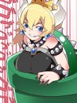  1girl armband bare_shoulders blue_eyes blush bowsette bracelet brooch collar comic crown eyebrows grin hammer_(sunset_beach) horns jewelry long_hair super_mario_bros. nail_polish new_super_mario_bros._u_deluxe nintendo shell smile solo spiked_bracelet spiked_collar spikes super_crown warp_pipe 