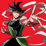  1boy armor bandanna bardock black_eyes black_hair clenched_teeth domo_ura dragon_ball frown looking_away male_focus outstretched_hand red_background scar serious shaded_face short_hair simple_background smoke spiky_hair tail teeth upper_body wristband 