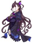  1girl breasts brown_hair corset cropped_torso curly_hair fate/grand_order fate_(series) hands_together large_breasts long_hair looking_at_viewer michihasu murasaki_shikibu_(fate) sleeves_past_wrists violet_eyes white_background 