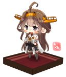  1girl :d ahoge artist_name bare_shoulders black_skirt blush brown_hair detached_sleeves double_bun grey_eyes hair_between_eyes hairband headgear highres japanese_clothes kantai_collection kongou_(kantai_collection) long_hair nontraditional_miko open_mouth pleated_skirt ribbon-trimmed_sleeves ribbon_trim simple_background skirt smile solo taisa_(kari) v-shaped_eyebrows white_background wide_sleeves 