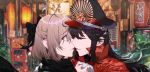  2girls ahoge alley arm_around_neck bangs black_bow black_hair black_hat black_scarf blurry blurry_background bow brown_hair cape closed_eyes commentary_request depth_of_field ear_piercing eyebrows_visible_through_hair fate/grand_order fate_(series) from_side gloves green_eyes hair_between_eyes hair_bow hand_holding hat highres imminent_kiss koha-ace lanzero long_hair multiple_girls oda_nobunaga_(fate) okita_souji_(fate) okita_souji_(fate)_(all) outdoors parted_lips peaked_cap piercing profile red_cape scarf short_hair upper_body white_gloves wide-eyed yuri 