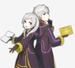  1boy 1girl book brown_eyes closed_mouth dual_persona female_my_unit_(fire_emblem:_kakusei) fire_emblem fire_emblem:_kakusei gloves highres holding holding_book hood hood_down long_sleeves male_my_unit_(fire_emblem:_kakusei) my_unit_(fire_emblem:_kakusei) nintendo open_book open_mouth peppedayo_ne robe simple_background twintails white_background white_hair 