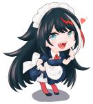  1girl alternate_costume apron azur_lane black_hair blue_eyes chibi commentary_request deutschland_(azur_lane) eyebrows_visible_through_hair heart long_hair looking_at_viewer maid maid_apron maid_headdress multicolored_hair open_mouth pantyhose petticoat pointing pointing_at_self red_legwear sharp_teeth simple_background smile solo streaked_hair teeth uverover very_long_hair white_background wrist_cuffs 