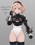  1girl bangs black_gloves black_legwear blonde_hair blush breasts brown_eyes character_name cleavage cleavage_cutout copyright_name cosplay covered_navel cowboy_shot djeeta_(granblue_fantasy) eyebrows_visible_through_hair gloves granblue_fantasy grey_background groin hair_between_eyes hand_up highleg highleg_leotard holding juliet_sleeves leotard long_sleeves looking_at_viewer medium_breasts milli_little nier_(series) nier_automata parted_lips puffy_sleeves simple_background solo thigh-highs white_gloves white_leotard yorha_no._2_type_b yorha_no._2_type_b_(cosplay) 