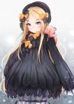  &gt;:( 1girl abigail_williams_(fate/grand_order) absurdres bangs black_bow black_dress black_hat blonde_hair bloomers blue_eyes blush bow bug butterfly closed_mouth commentary_request dress eyebrows_visible_through_hair fate/grand_order fate_(series) floral_background forehead grey_background hair_bow hat head_tilt highres hiromaster_sinta_jh insect korean_commentary long_hair long_sleeves looking_at_viewer on_shoulder orange_bow parted_bangs polka_dot polka_dot_bow sleeves_past_fingers sleeves_past_wrists solo sparkle stuffed_animal stuffed_toy teddy_bear underwear v-shaped_eyebrows very_long_hair white_bloomers 