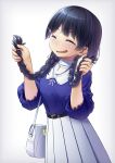  1girl ^_^ ^o^ bag belt black_hair blue_eyes blush braid breasts closed_eyes closed_eyes eyebrows_visible_through_hair hair_ornament hairclip handbag highres kath necktie nijisanji pleated_skirt skirt solo tsukino_mito twin_braids virtual_youtuber 