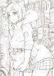  1girl animal_ears artist_request bicycle breasts copyright_request ground_vehicle monochrome short_hair skirt solo winter_clothes 