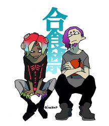  2boys black_footwear boots crossed_arms dark_skin dark_skinned_male facial_hair goatee gradient_hair grey_pants group_name ikkan_(splatoon) inahara invisible_chair male_focus multicolored_hair multiple_boys octarian off_shoulder pants purple_hair redhead shirt simple_background sitting skeleton_print splatoon splatoon_(series) splatoon_2 t-shirt tentacle_hair tentacle_piercing warabi_(splatoon) white_background 