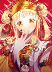  1girl bang_dream! bangs blonde_hair blush brown_eyes closed_mouth commentary_request dabi_(dabibubi) double_bun eyebrows_visible_through_hair fingernails hair_rings hand_up head_tilt highres japanese_clothes kimono long_sleeves orange_kimono red_background side_bun smile solo tiara tsurumaki_kokoro twintails upper_body wide_sleeves yellow_eyes 