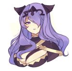  1girl artist_name between_breasts breasts camilla_(fire_emblem_if) cleavage fire_emblem fire_emblem_if hair_over_one_eye highres large_breasts lazymimium long_hair nintendo parted_lips purple_hair simple_background solo tiara violet_eyes white_background 