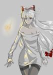  1girl absurdres ass_visible_through_thighs bangs bare_shoulders bow breasts c.rabbit cleavage collarbone cowboy_shot earrings eyebrows_visible_through_hair fire fujiwara_no_mokou grey_background grey_legwear hair_between_eyes hair_bow highres jewelry long_hair long_sleeves looking_at_viewer medium_breasts no_pants off-shoulder_sweater off_shoulder pantyhose red_eyes silver_hair simple_background sketch solo standing sweater thighband_pantyhose thighs touhou very_long_hair white_bow white_sweater 