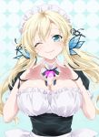  1girl alternate_costume alternate_hairstyle blonde_hair blue_eyes boku_wa_tomodachi_ga_sukunai breasts butterfly_hair_ornament enmaided hair_ornament highres kashiwazaki_sena long_hair maid maid_headdress medium_breasts official_art open_mouth ribbon ribbon-trimmed_legwear ribbon_trim smile twintails watanabe_yoshihiro 