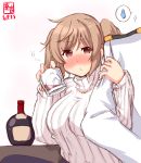 1boy 1girl admiral_(kantai_collection) alcohol alternate_costume blush bottle breasts brown_eyes closed_mouth epaulettes eyebrows_visible_through_hair highres ice kanon_(kurogane_knights) kantai_collection large_breasts light_brown_hair long_hair military military_uniform murasame_(kantai_collection) naval_uniform simple_background sweater twintails uniform white_background white_sweater 