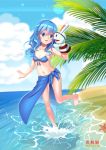  1girl 2019 absurdres arm_up armpits barefoot beach bikini blue_bikini blue_eyes blue_hair blue_swimsuit breasts clouds date_a_live dated full_body gluteal_fold hand_puppet highres long_hair navel ocean open_mouth outdoors palm_leaf puppet sarong sky small_breasts smile solo standing standing_on_one_leg swimsuit toes yoshino_(date_a_live) 