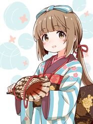  1girl :d back_bow blue_bow blush bow brown_bow brown_eyes brown_hair conch ddak5843 hair_bow hair_ribbon holding idolmaster idolmaster_cinderella_girls japanese_clothes kimono long_hair long_sleeves low_ponytail obi open_mouth red_ribbon ribbon sash smile solo striped striped_bow striped_kimono upper_body very_long_hair wide_sleeves yorita_yoshino 