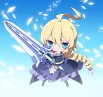  1girl :&lt; ahoge bangs blazblue blonde_hair blue_dress blue_eyes blue_legwear blush braid breasts center_frills chibi closed_mouth commentary dress es_(xblaze) eyebrows_visible_through_hair frilled_dress frills hair_between_eyes holding holding_sword holding_weapon large_breasts long_hair long_sleeves milkpanda red_neckwear single_braid sleeves_past_wrists solo sword thigh-highs very_long_hair weapon wide_sleeves 