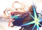  1girl absurdres bangs blonde_hair blue_eyes blurry blurry_background bradamante_(fate/grand_order) breasts cleavage commentary_request depth_of_field dutch_angle eyebrows_visible_through_hair fate/grand_order fate_(series) floating_hair glowing glowing_weapon gluteal_fold groin hair_between_eyes halo highres holding holding_weapon jacket jacket_on_shoulders large_breasts long_hair navel open_mouth outdoors re:rin revealing_clothes sidelocks solo very_long_hair weapon white_jacket 