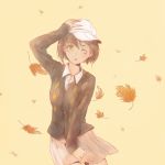  1girl artist_request breasts brown_hair colorized copyright_request hat highres leaf short_hair solo 
