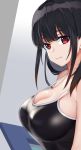  1girl bangs black_hair black_swimsuit breasts cleavage closed_mouth commentary_request eyebrows_visible_through_hair from_side large_breasts looking_at_viewer original red_eyes solo strap_gap swimsuit upper_body xiujia_yihuizi 