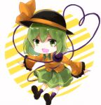  1girl aridamikannn black_headwear blouse brown_footwear chibi collared_shirt diagonal_stripes frilled_sleeves frills full_body green_eyes green_hair green_skirt hair_between_eyes happy hat hat_ribbon heart heart_of_string komeiji_koishi leaning_forward long_sleeves looking_at_viewer medium_hair open_mouth outstretched_arms purple_socks ribbon shirt shoe_soles shoes skirt socks solo spread_arms striped striped_background third_eye touhou white_background wide_sleeves yellow_ribbon yellow_shirt 
