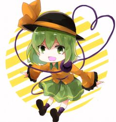  1girl aridamikannn black_headwear blouse brown_footwear chibi collared_shirt diagonal_stripes frilled_sleeves frills full_body green_eyes green_hair green_skirt hair_between_eyes happy hat hat_ribbon heart heart_of_string komeiji_koishi leaning_forward long_sleeves looking_at_viewer medium_hair open_mouth outstretched_arms purple_socks ribbon shirt shoe_soles shoes skirt socks solo spread_arms striped striped_background third_eye touhou white_background wide_sleeves yellow_ribbon yellow_shirt 