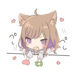  1girl :d afterimage ahoge animal_ear_fluff animal_ears bangs blush_stickers bongo_cat brown_hair cat_ears chibi commentary_request directional_arrow eyebrows_visible_through_hair fang grey_hoodie heart highres hood hood_down hoodie long_hair long_sleeves mafuyu_(chibi21) meme multicolored_hair open_mouth purple_hair smile solo streaked_hair twitter v-shaped_eyebrows violet_eyes white_background 