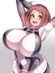  1girl absurdres alternate_breast_size arm_behind_head arms_up blush bodysuit boku_no_hero_academia breasts brown_hair camui_kamui highres huge_breasts looking_at_viewer open_mouth short_hair simple_background solo uraraka_ochako white_background yellow_eyes 